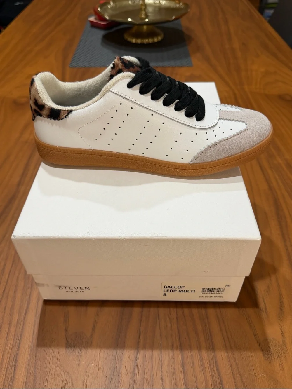 Steve Madden White Leather Sneaker with Gum Sole and Leopard Collar